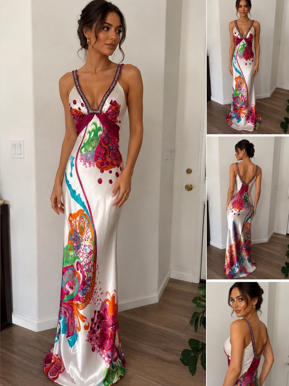 White Multicolor V-Neck Maxi Dress with Magenta Accents